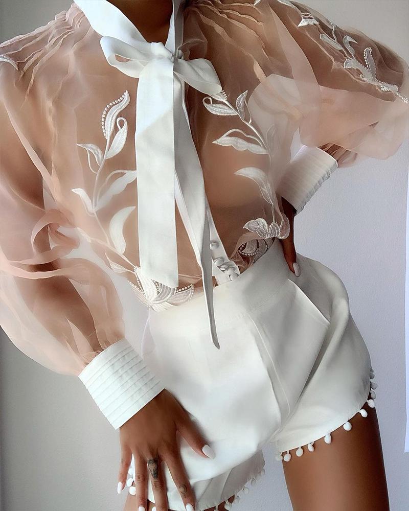 

Embroidered Sheer Mesh Puff Sleeve Bowknot Top & Pom Pom Decor Shorts Set, White