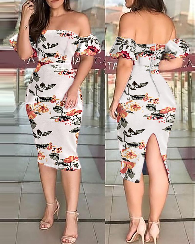 

Floral Print Off Shoulder Slit Zipper Design Dress, White