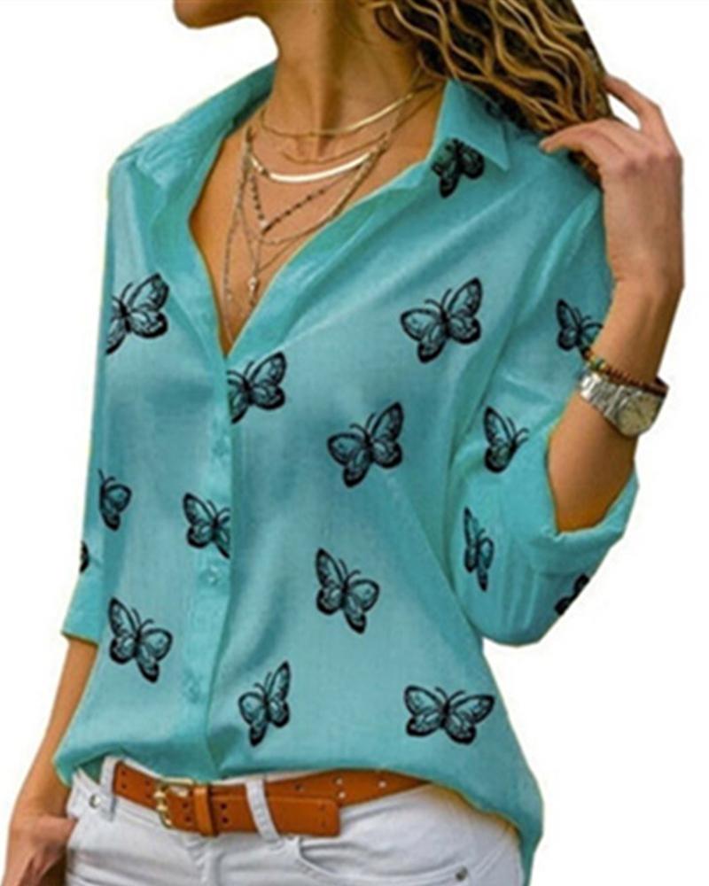 

Butterflies Print Long Sleeve Shirt, Green