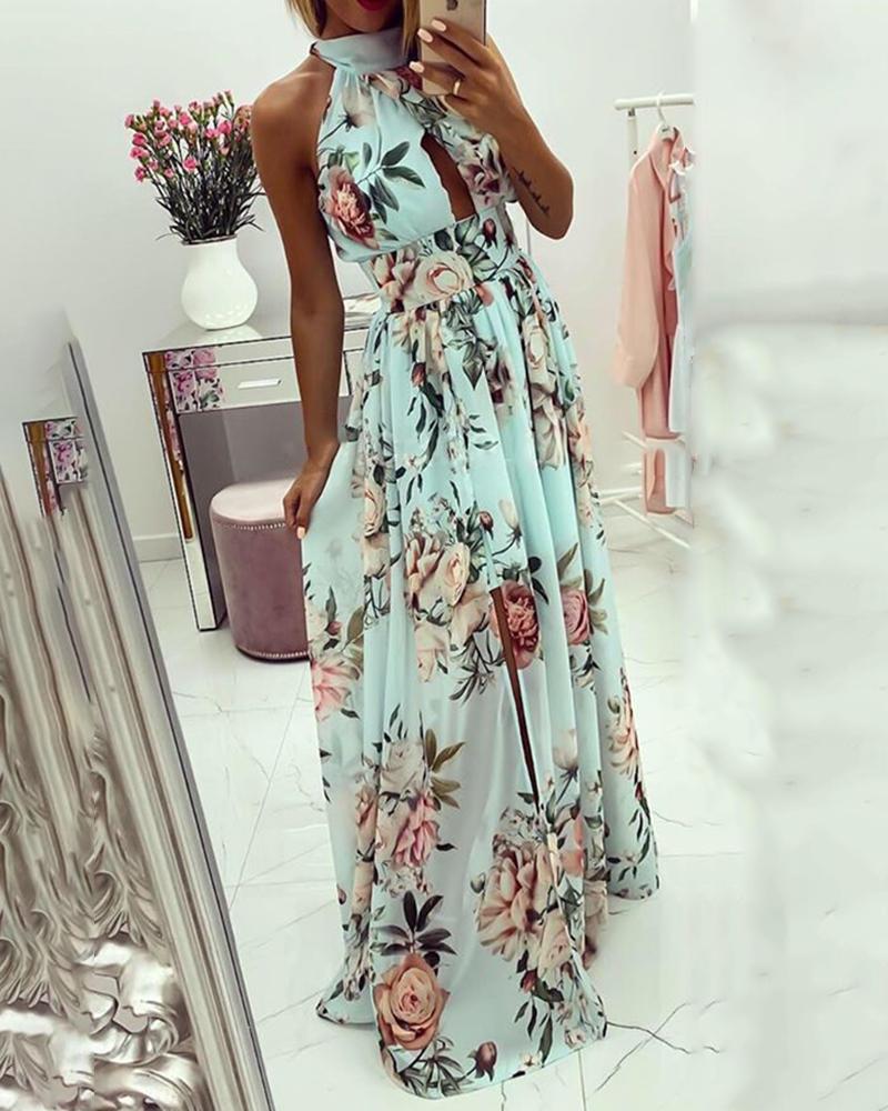

Floral Print Halter Backless Cutout Front Maxi Dress, Light green
