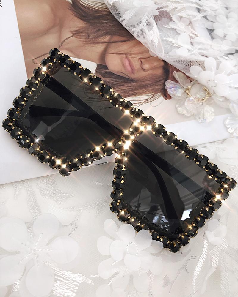 

1Pair Rhinestone Decor Square Frame Sunglasses, Black
