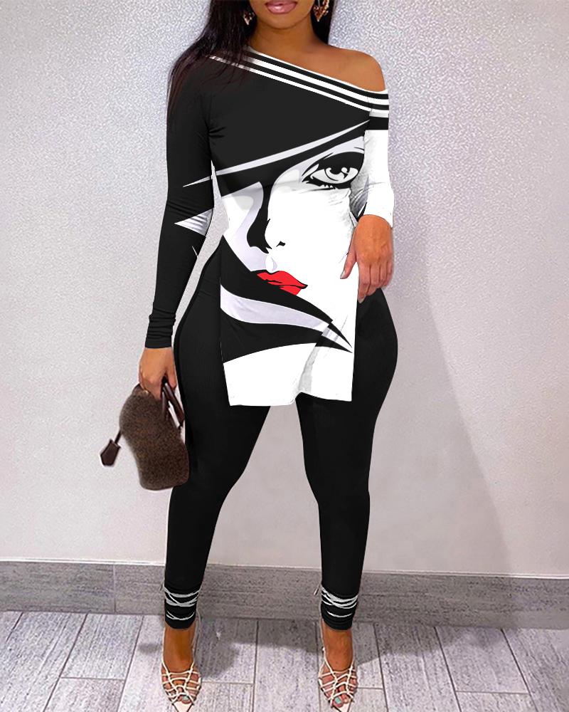 

Figure Print Split Hem Long Sleeve Top & Pants Set, Black