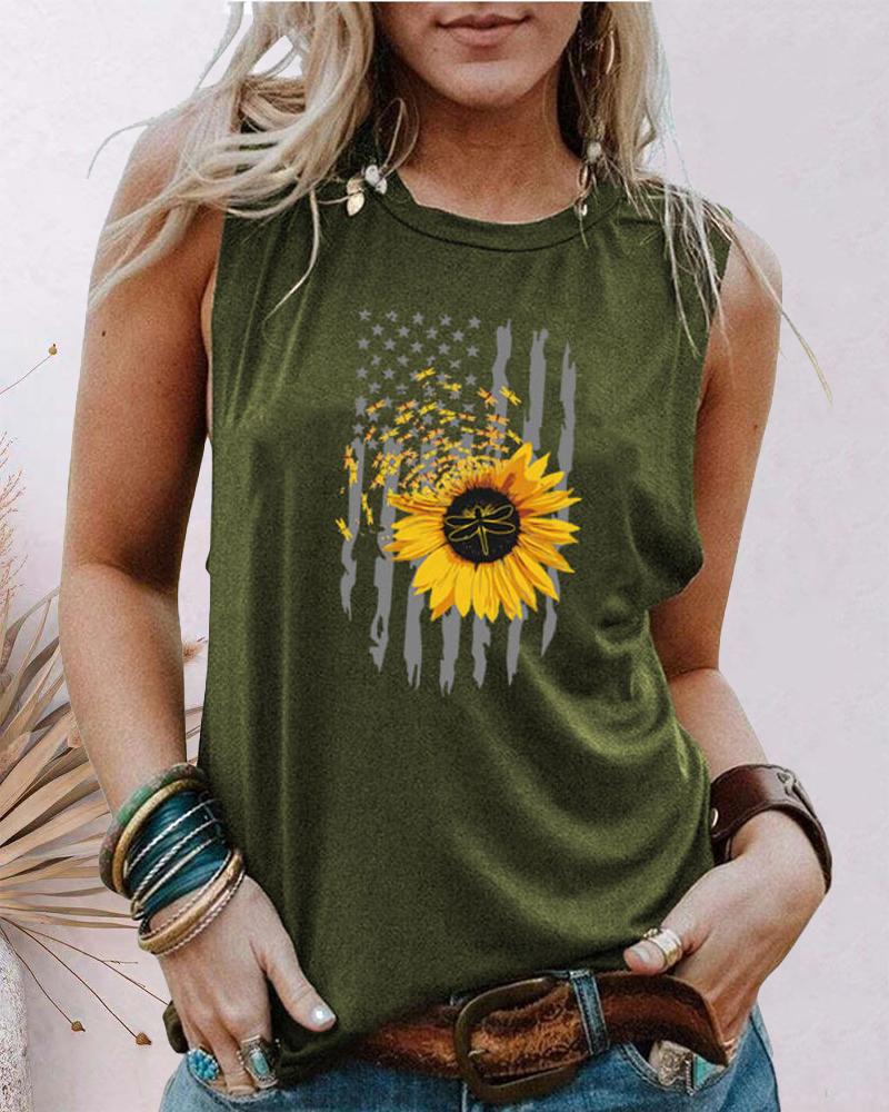 

Independence Day Sunflower Flag Print Tank Top, Green