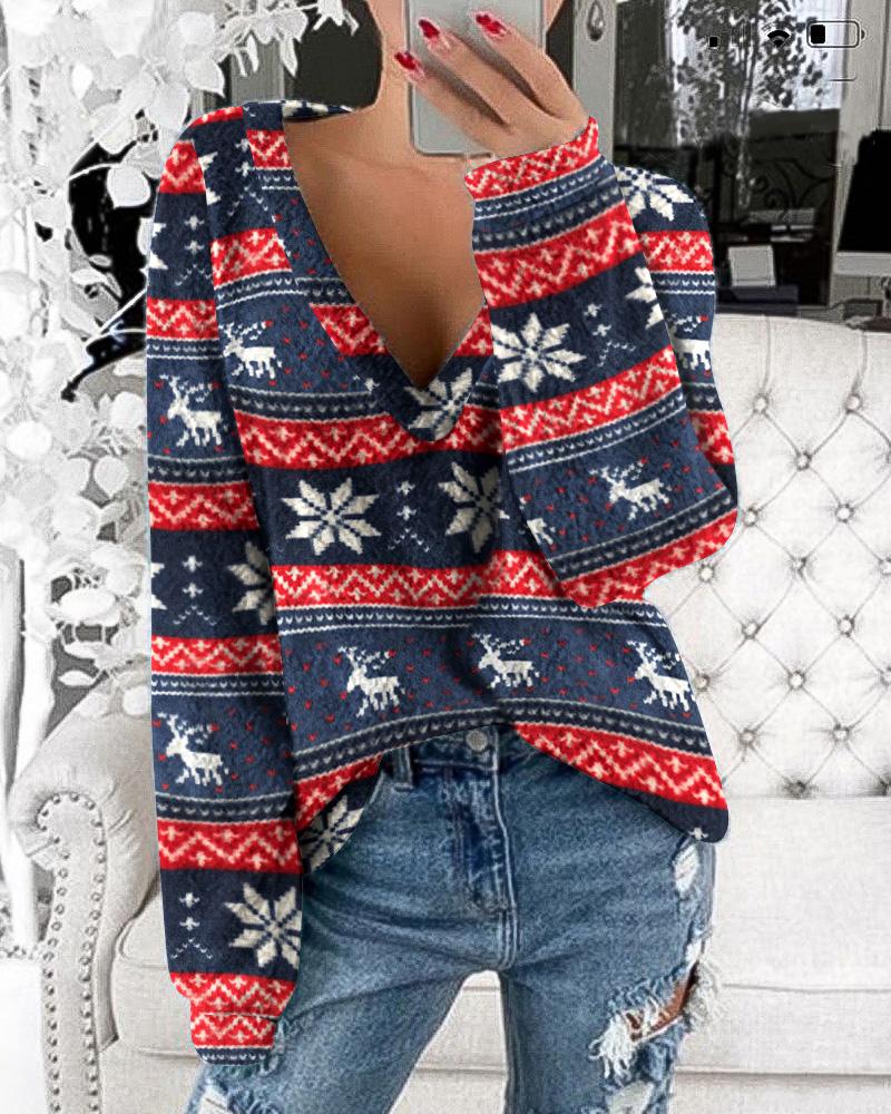 

Christmas Deer Snow Pattern Colorblock V-Neck Sweatshirt, Dark blue