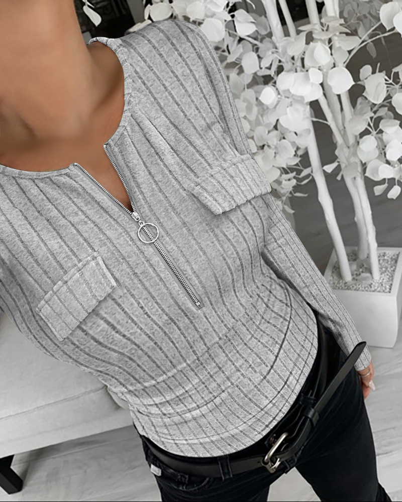 

Long Sleeve Half Zip Flap Detail Ribbed Tee Slim Fit Brushed Top, Gray
