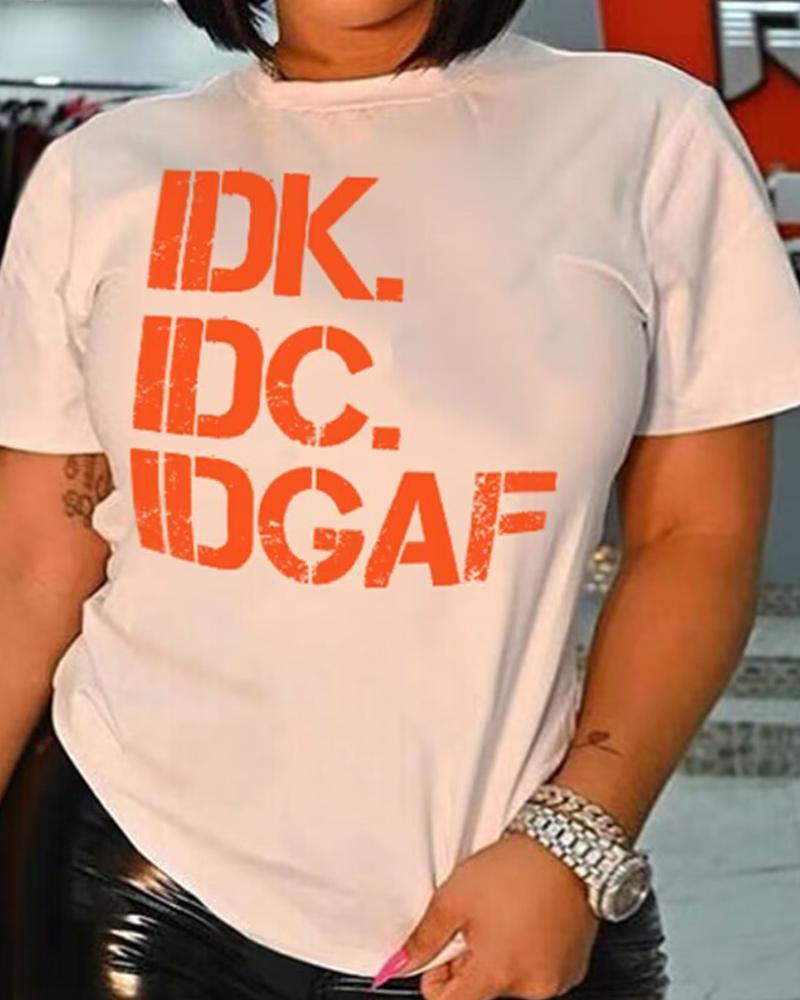 

Plus Size IDK IDC IDGAF Cute Funny Print Casual T-shirt, White
