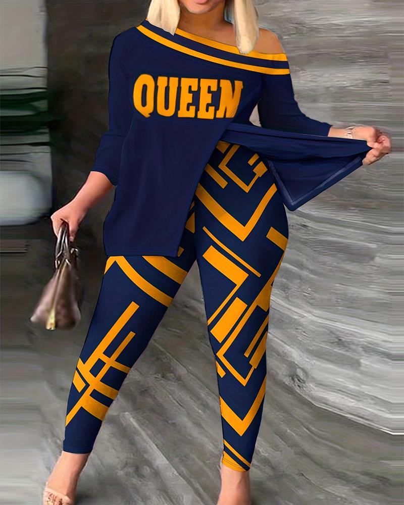 

Plus Size Queen Geo Print Skew Neck Top & Pants Set, Purplish blue