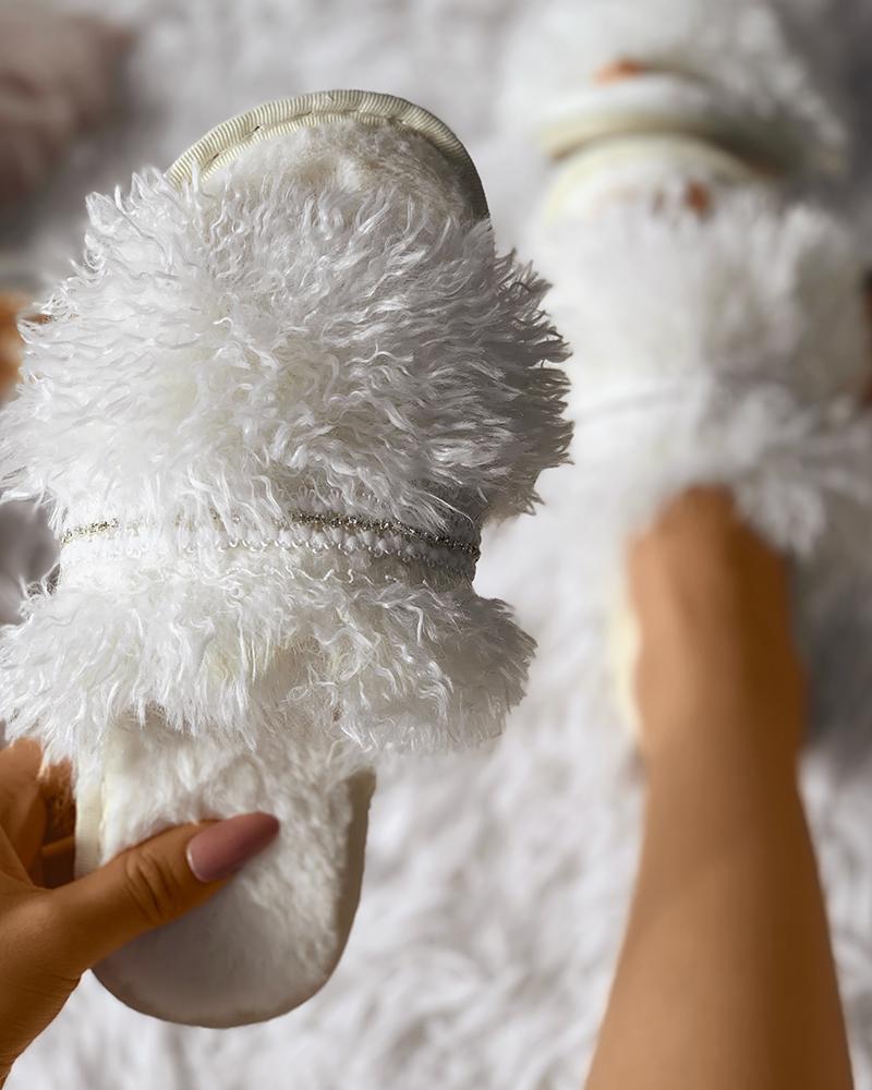 

Lace Patch Round Toe Fluffy Slipper, Beige