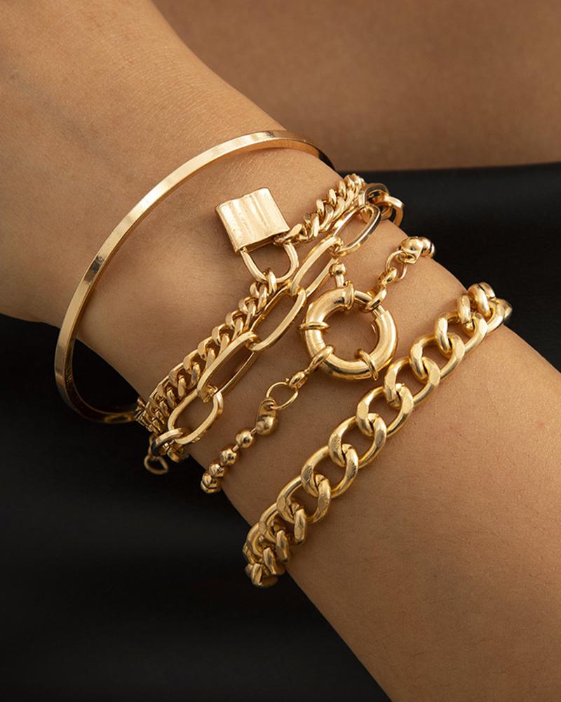 

5pcs Multi-layer Geometric Lock Toggle Chain Bracelets Set, Gold