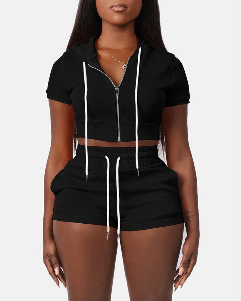 

Zipper Design Hooded Top & Drawstring Shorts Set, Black