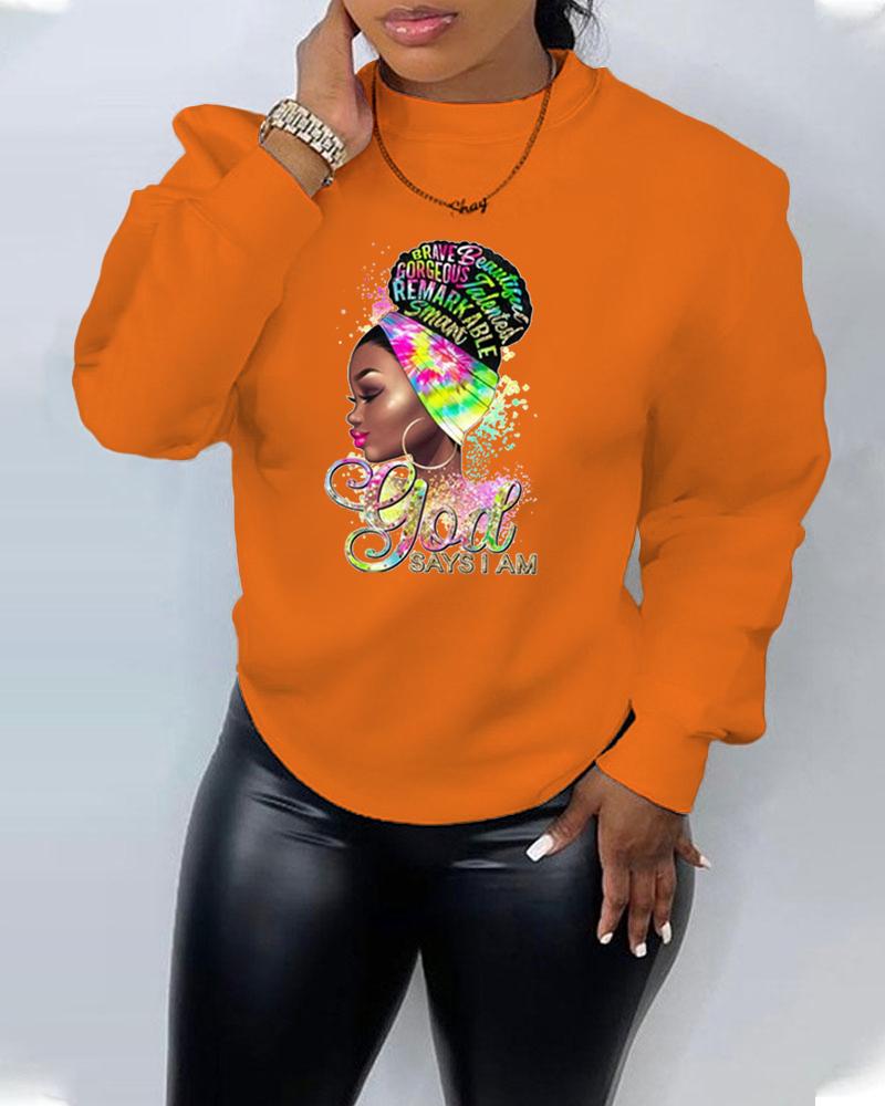 

Plus Size Figure God Letter Print Long Sleeve Sweatshirt, Orange