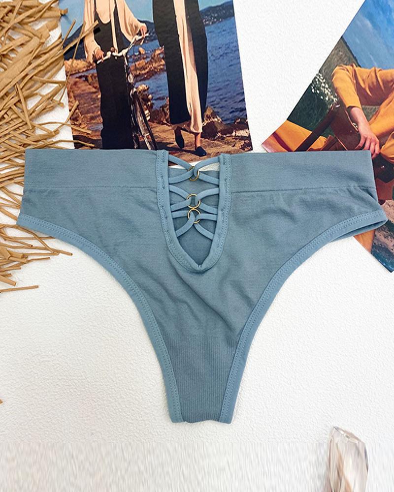 

Mid-waist O-Ring Lace-up Breathable Underwear Panty, Blue
