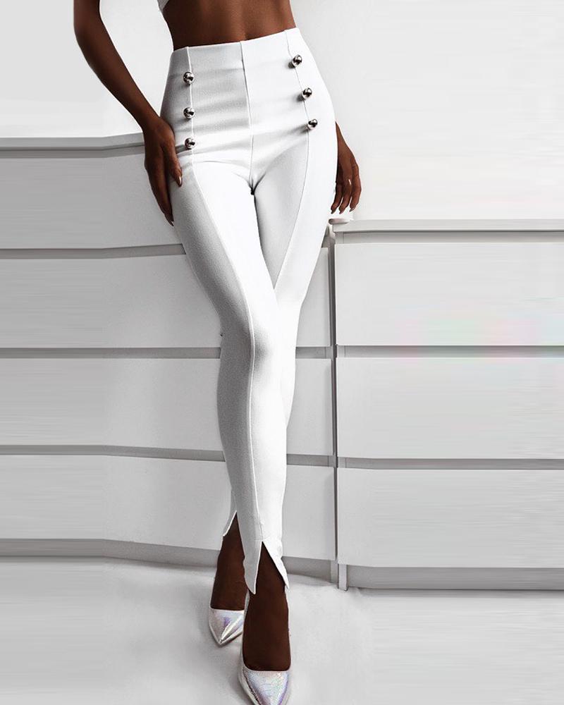 

High Waist Button Design Slit Skinny Pants, White