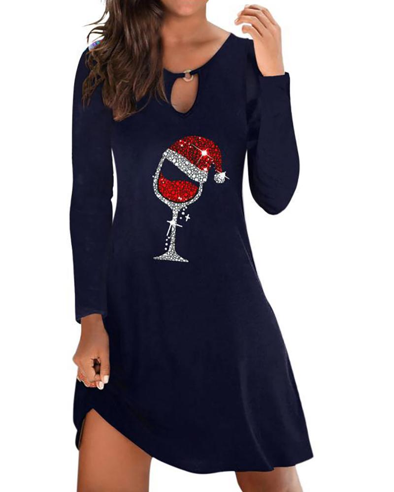 

Christmas Graphic Print Cutout Long Sleeve Dress, Blue