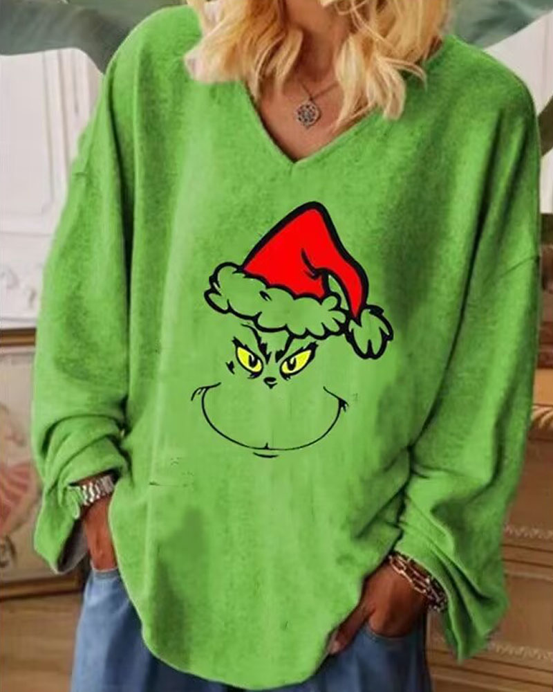 

Plus Size Grinch Stole Christmas Print Long Sleeve Top, Green