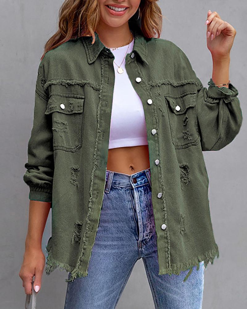 

Ripped Raw Hem Pocket Design Demin Coat, Army green