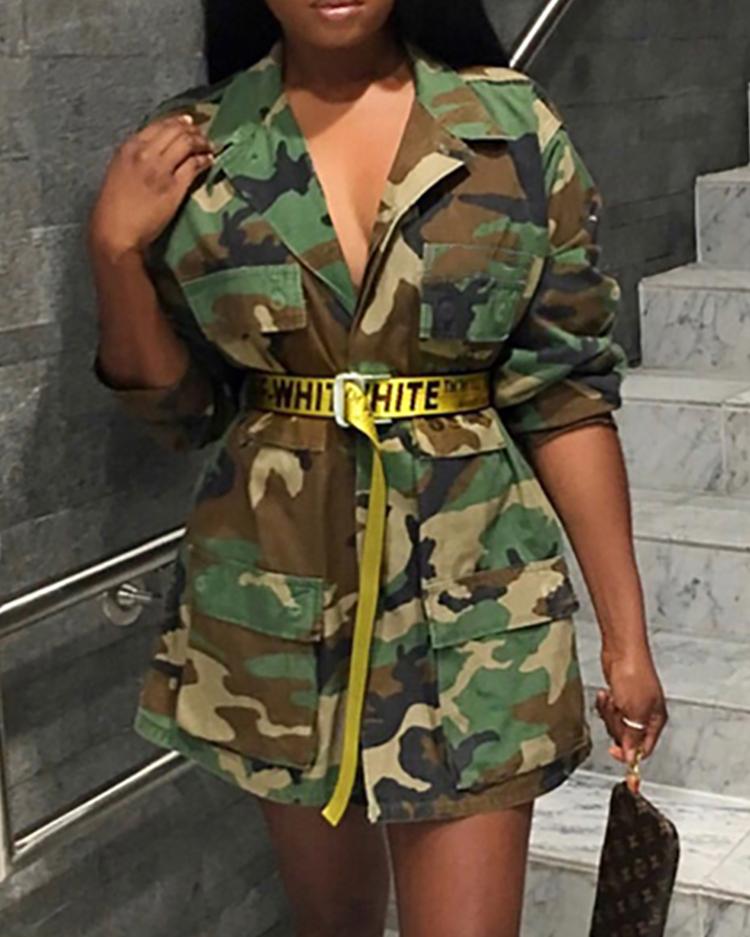 

Camouflage Print Pocket Design Cargo Jacket, Army green