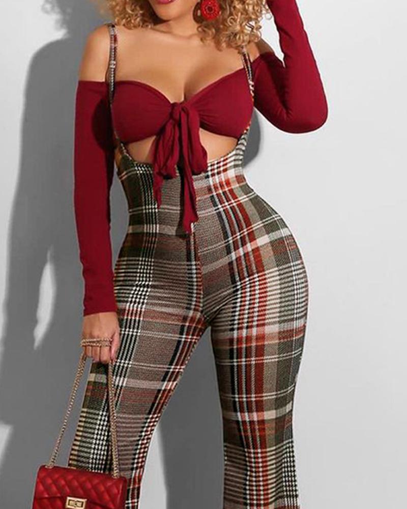 

Plus Size Plaid Print Colorblock Suspender Pants, Gray