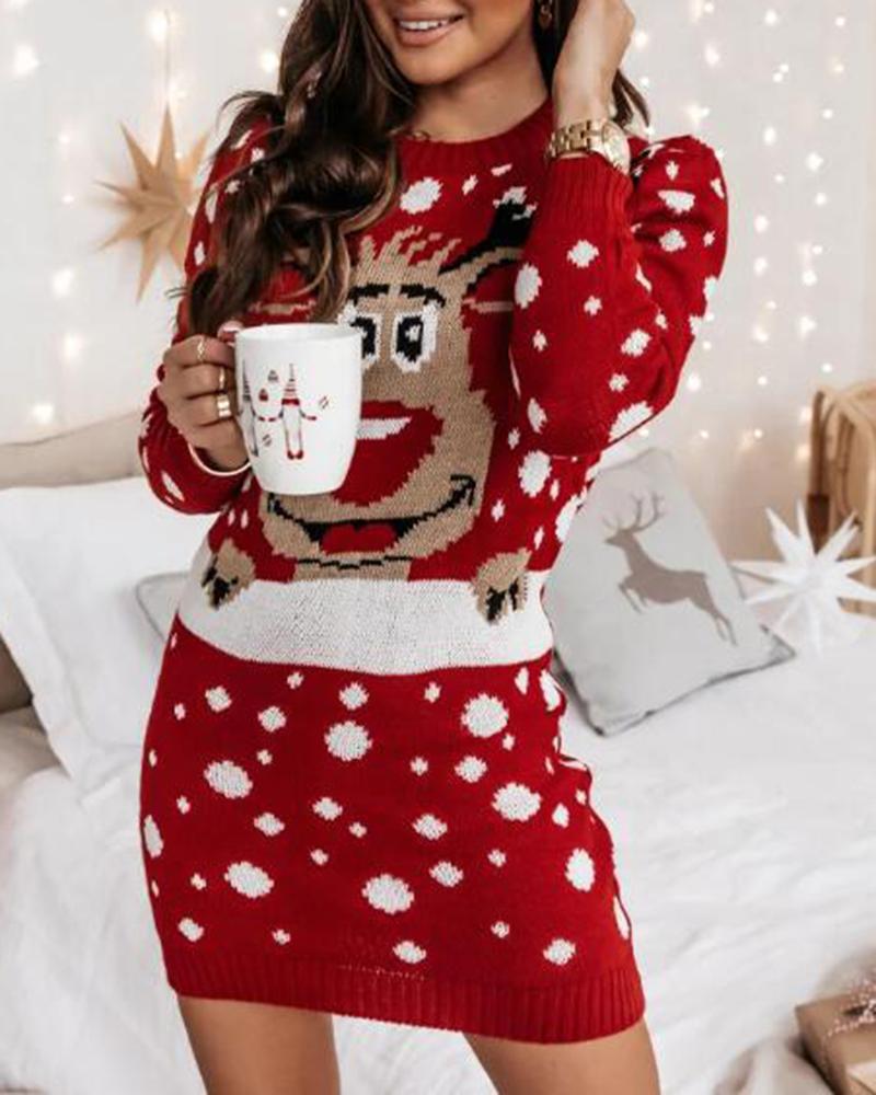 

Christmas Cartoon Elk Pattern Long Sleeve Sweater Dress, Red