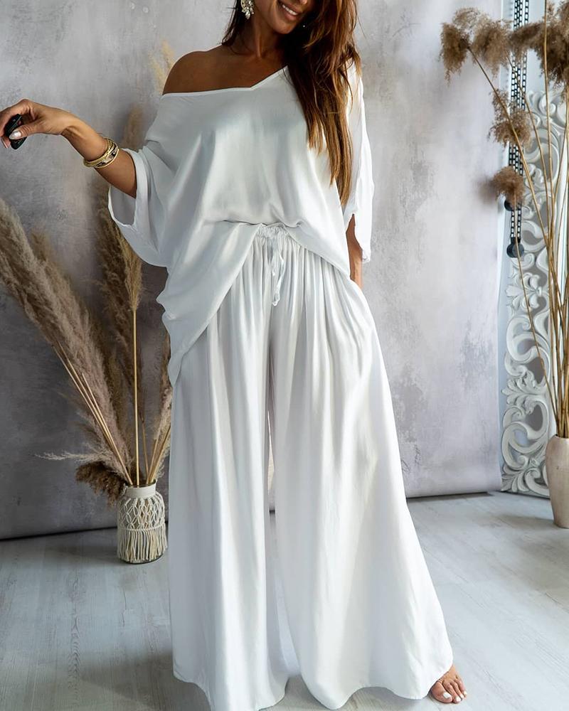 

V-Neck Batwing Sleeve T-shirt & Wide Leg Pants Set, White