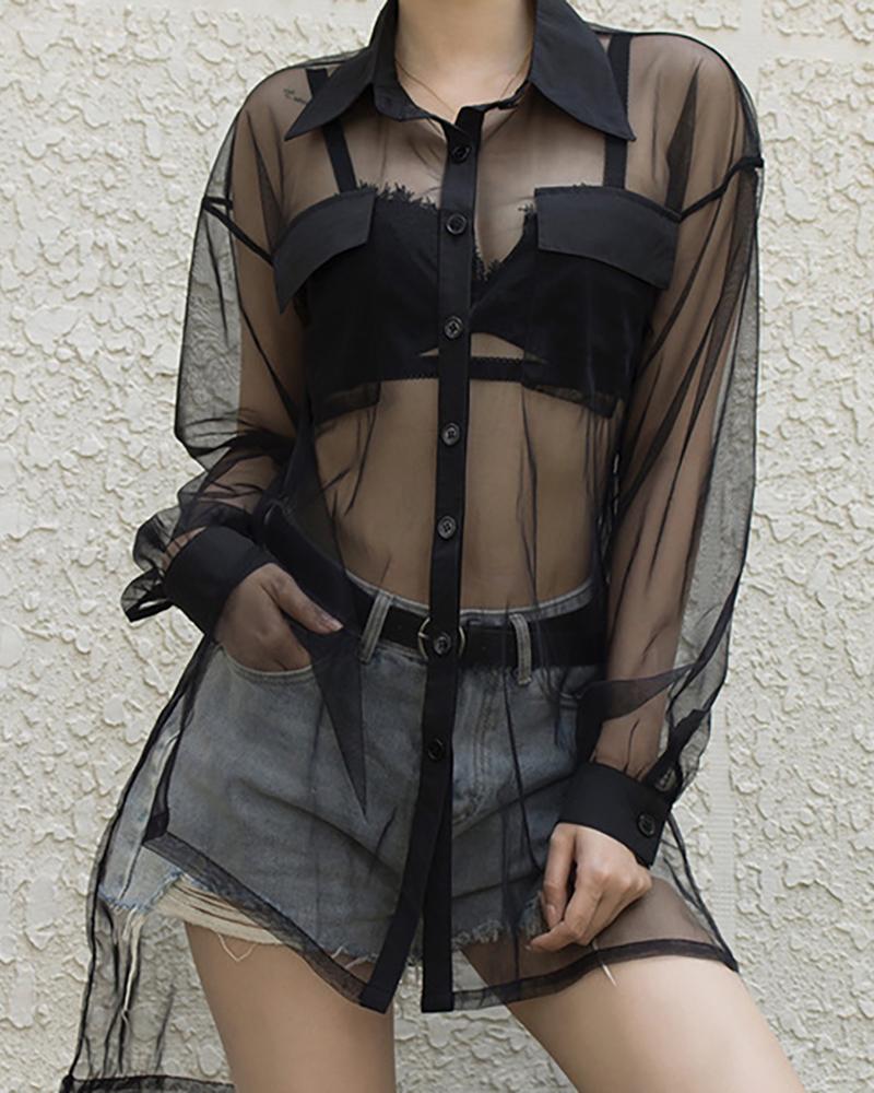 

Sheer Mesh Button Front Lantern Sleeve Shirt, Black