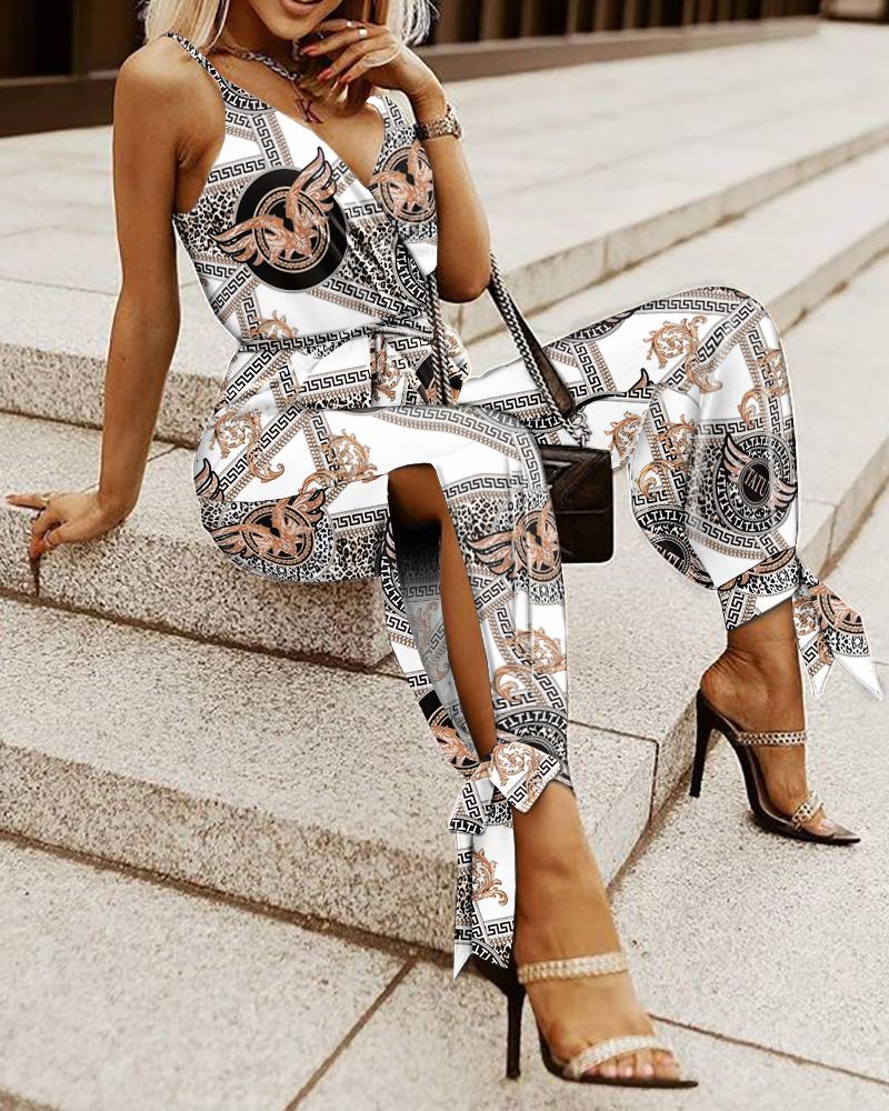 

Scarf Print V-Neck Split Knot Hem Cami Jumpsuit, Multicolor