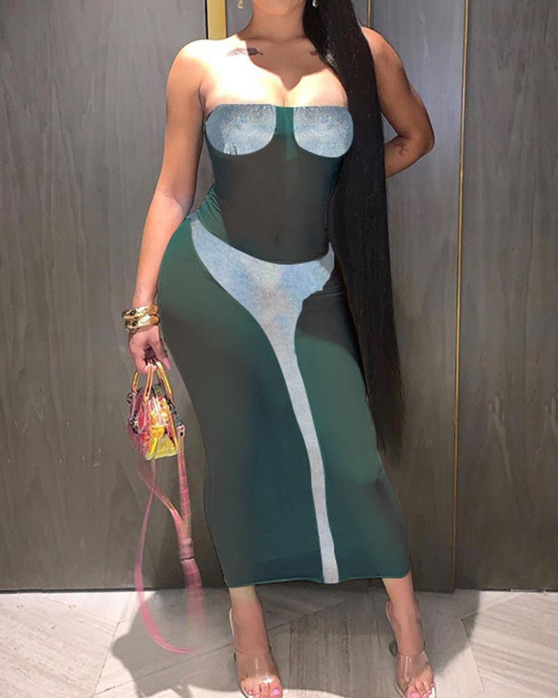 

Colorblock Sleeveless Slim Off Shoulder Midi Dress, Army green