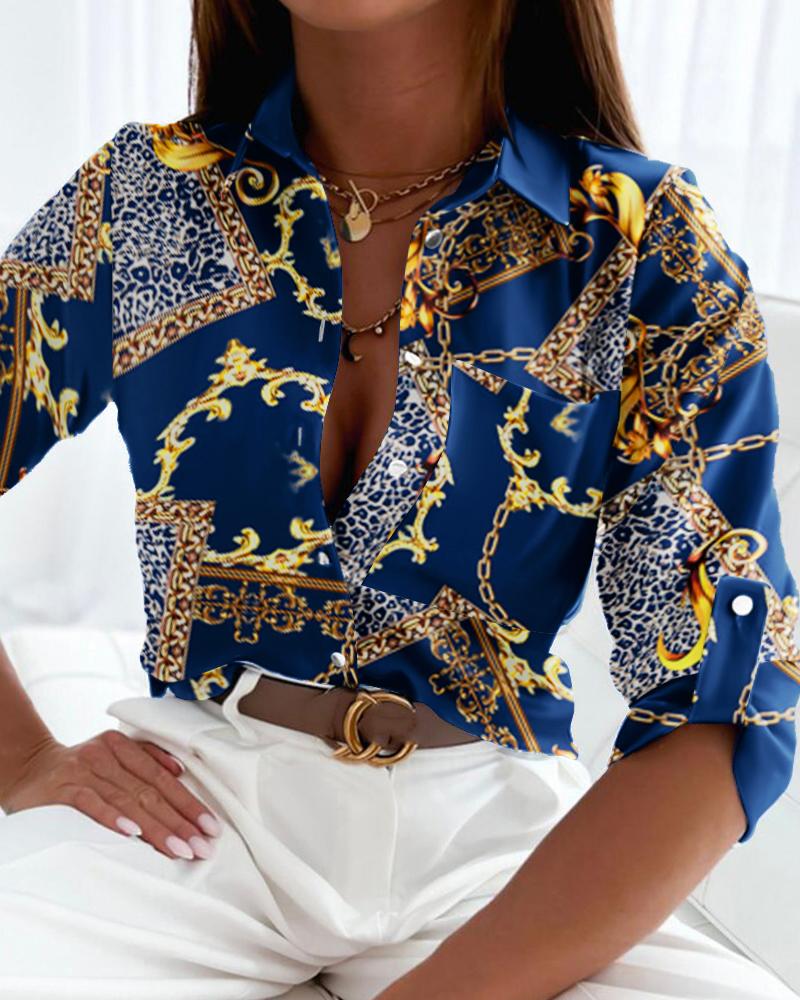 

Plus Size Baroque Chain Leopard Print Buttoned Top, Blue