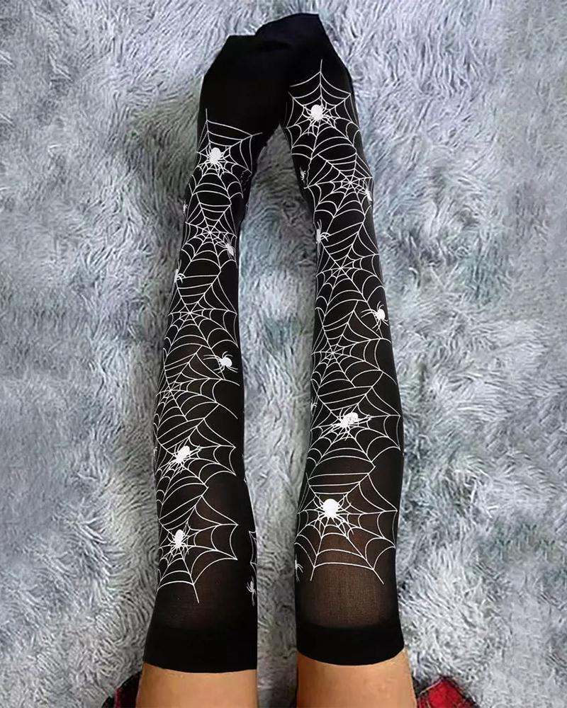 

1Pair Halloween Spider Web Print Over The Knee Socks, Black