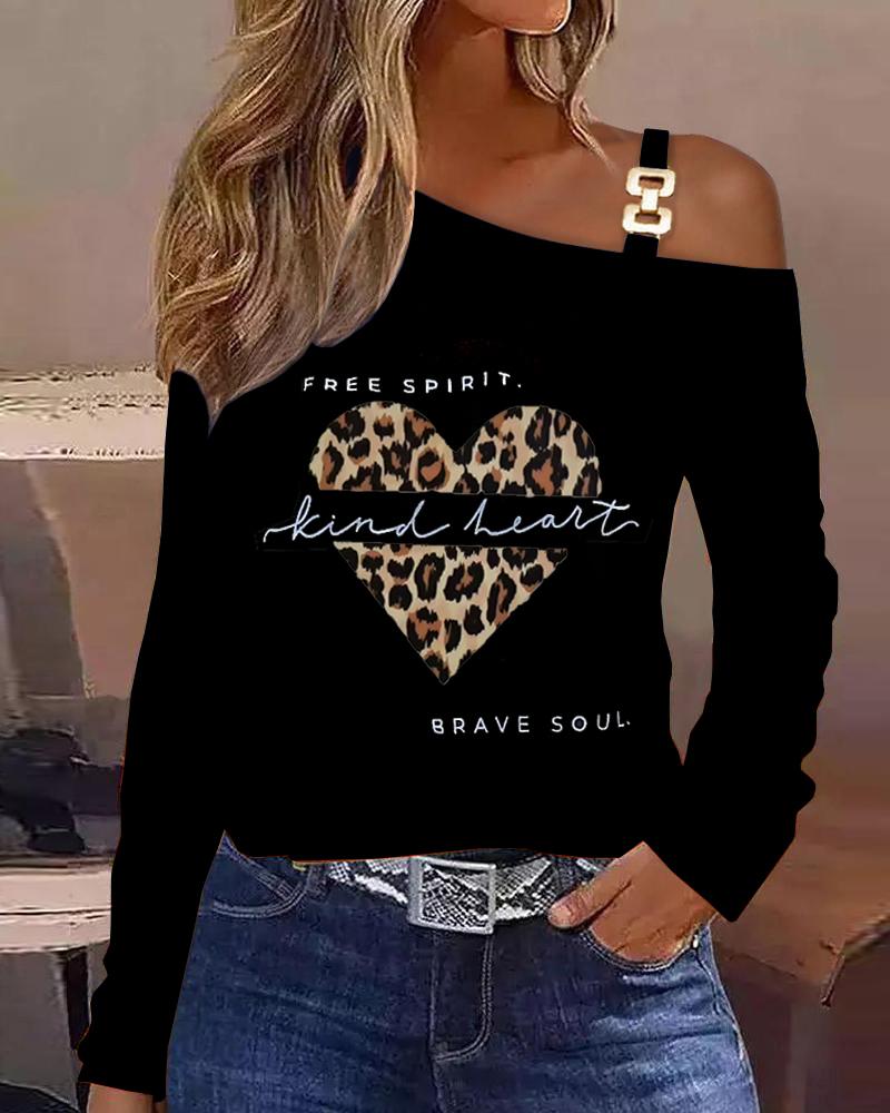 

Valentine' Day Leopard Heart Print Cold Shoulder Top, Black