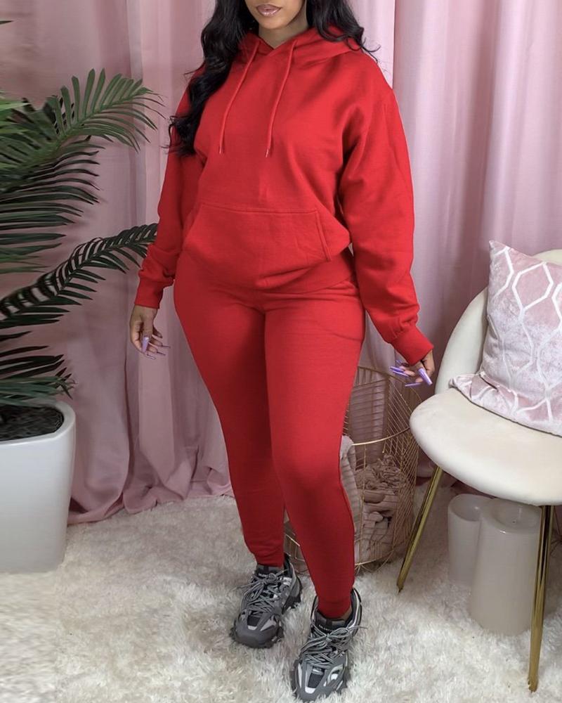 

Long Sleeve Pocket Design Brushed Hooded Top & Pants Set, Red