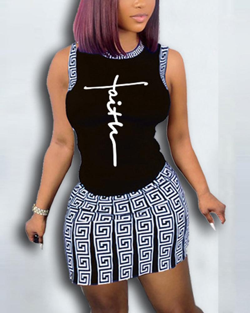 

Letter Geo Print Tank Top & Skirt Set, Black