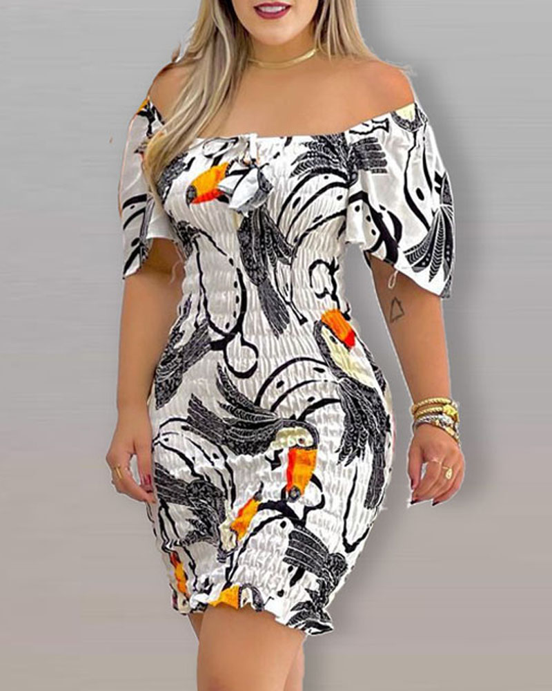 

Bird Print Off Shoulder Shirred Bodycon Dress, White