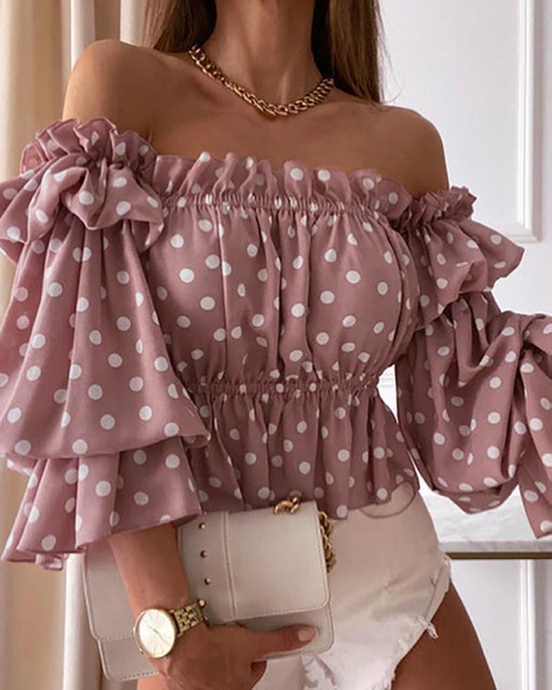 

Polka Dot Print Off Shoulder Frill Hem Peplum Top, Pink