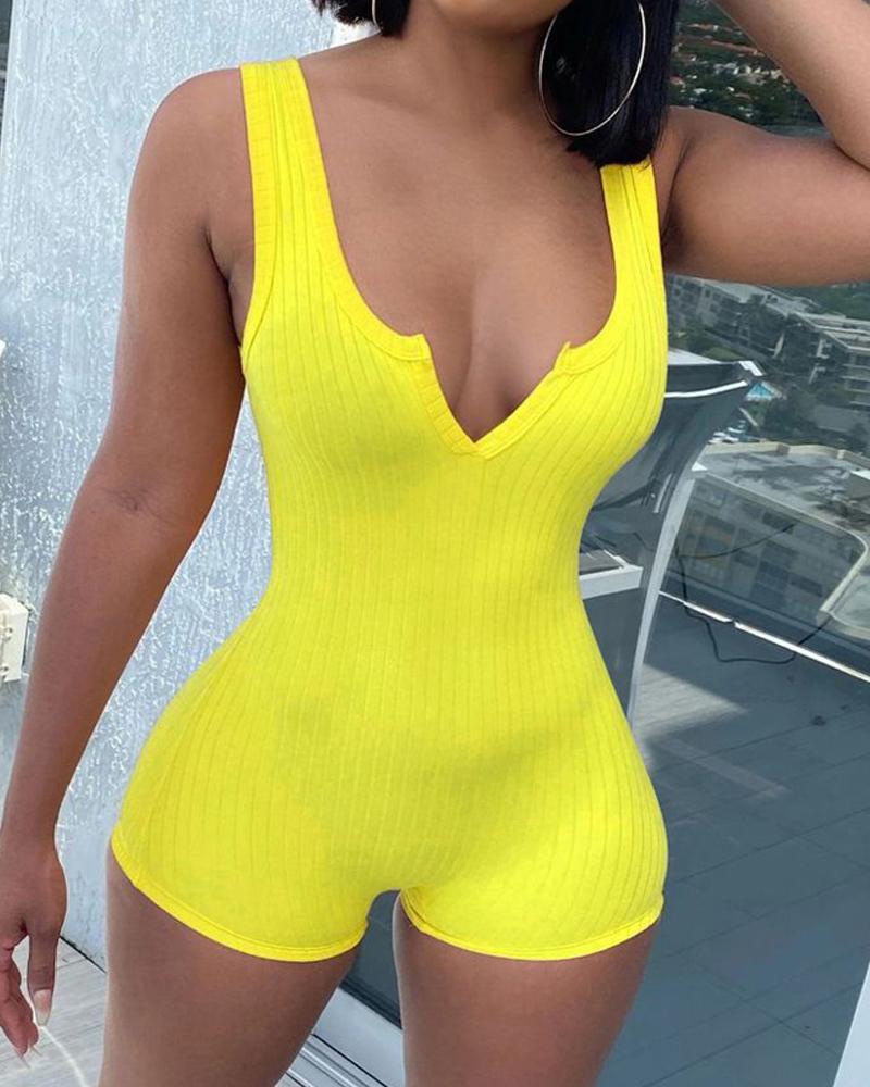 

Notch Neck Sleeveless Romper, Yellow