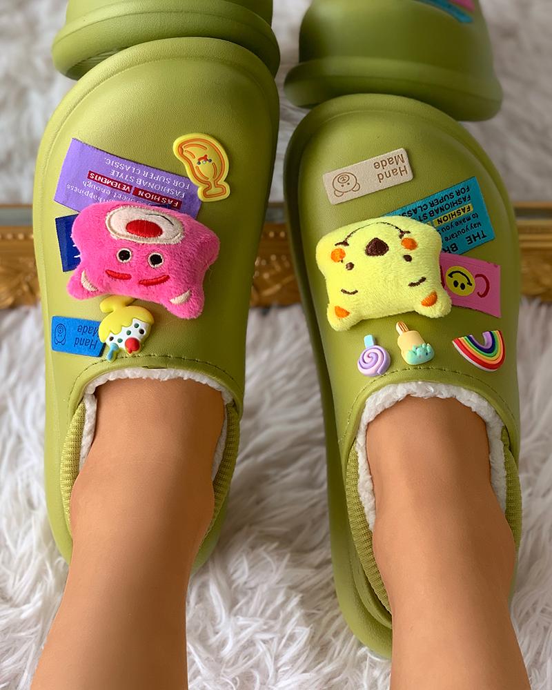 

Cartoon Slogan Decor Lined Casual Slipper, Green