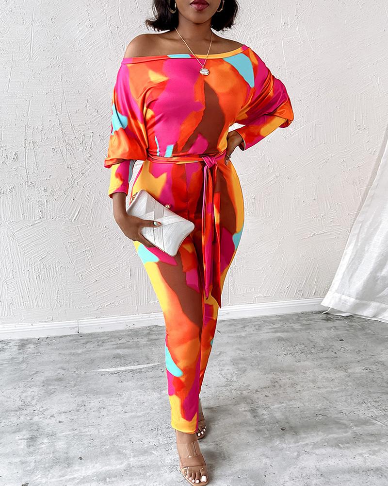

Tie Dye Print Off Shoulder Belted Jumpsuit, Multicolor