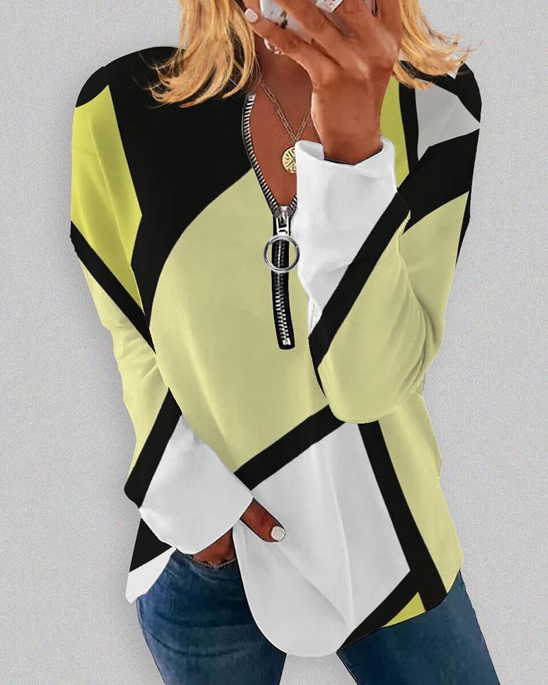 

Geometric Print Zipper Design Top, Yellow