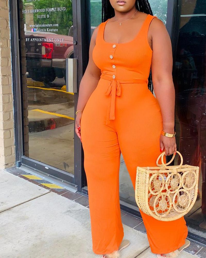 

Button Decor Sleeveless U-Neck Belted Jumpsuit, Orange