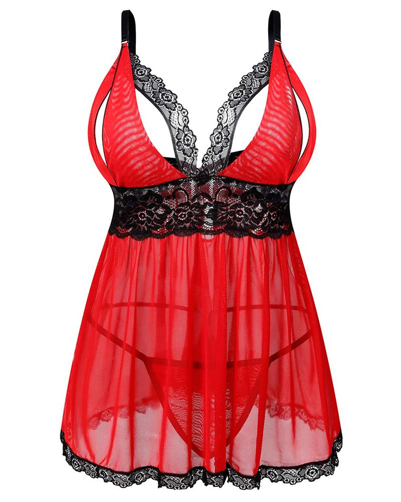 

Plus Size Sheer Mesh Lace Patch Babydoll With Panty, Red