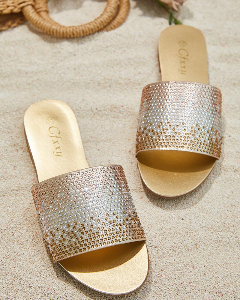 

Rhinestone Decor Round Toe Slippers, Gold