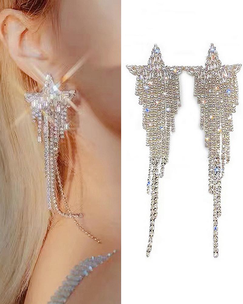 

1Pair Star Shaped Allover Rhinestone Tassel Drop Earrings, Gold