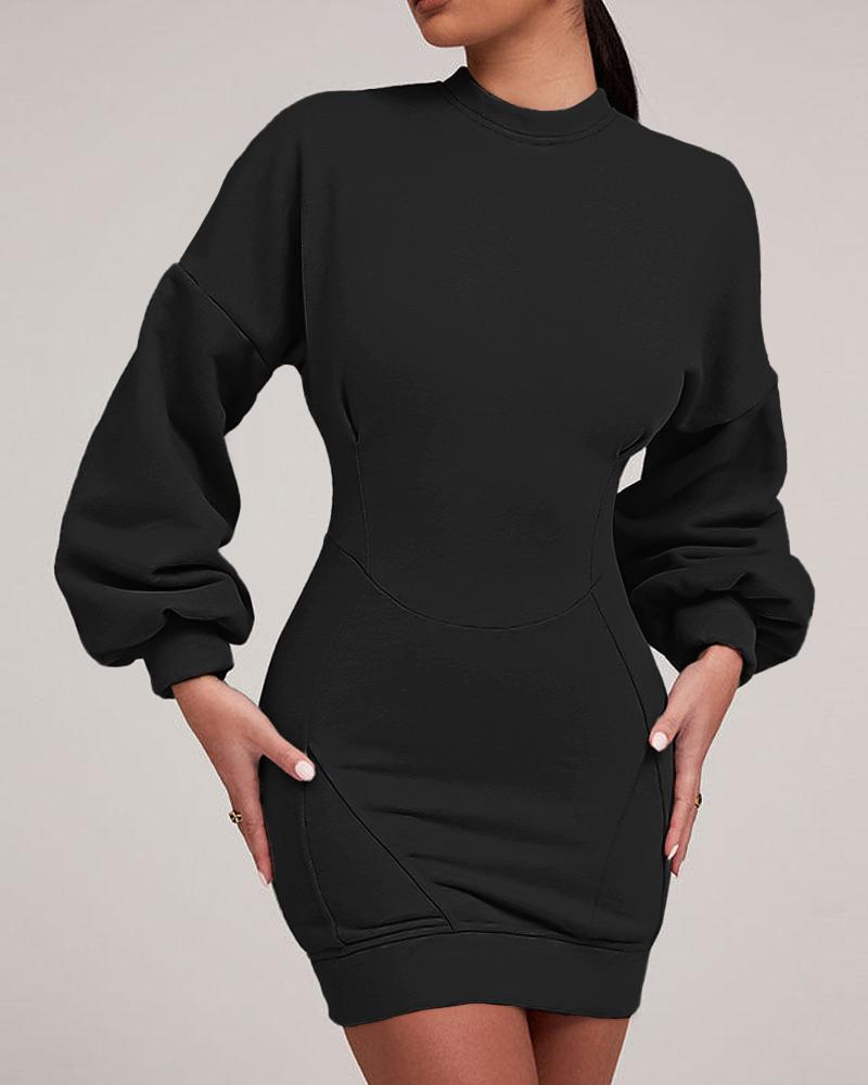 

O-neck Lantern Sleeve Mini Bodycon Sweatshirt Dress, Black