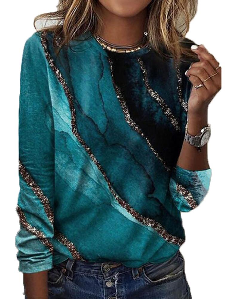 

Marble Print Long Sleeve Casual Top, Blue