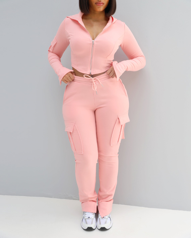 

Zipper Design Crop Hoodie & Drawstring V-cut Waistline Cargo Joggers Sweatpants Set, Pink