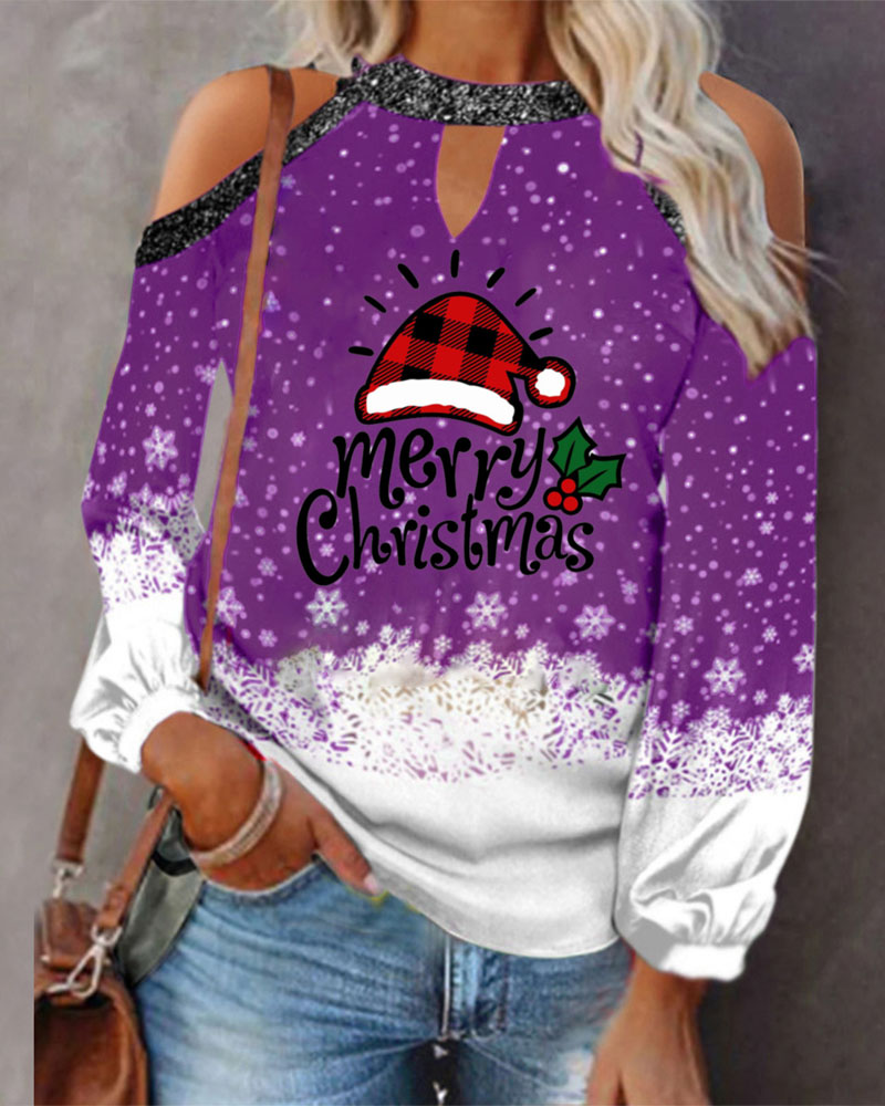 

Merry Christmas Snowflake Print Cold Shoulder Top, Purple