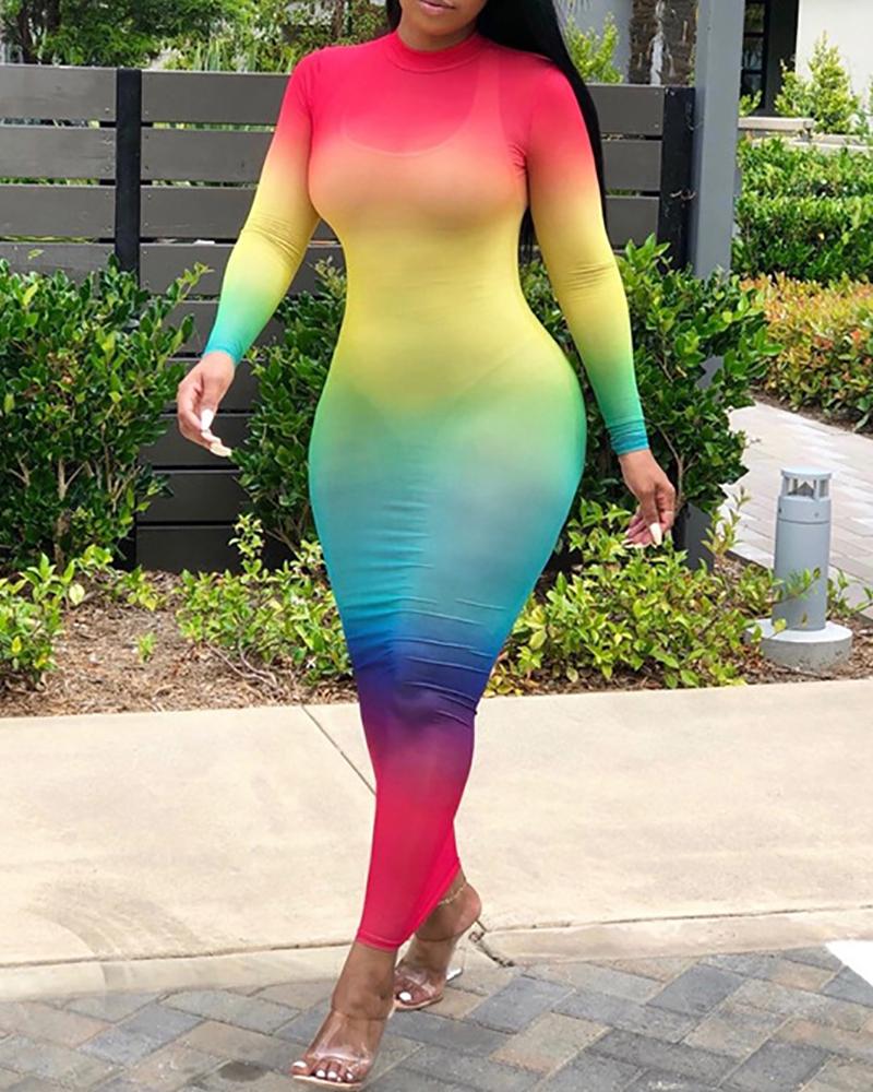 

Long Sleeve Ombre Sheer Maxi Dress, Red