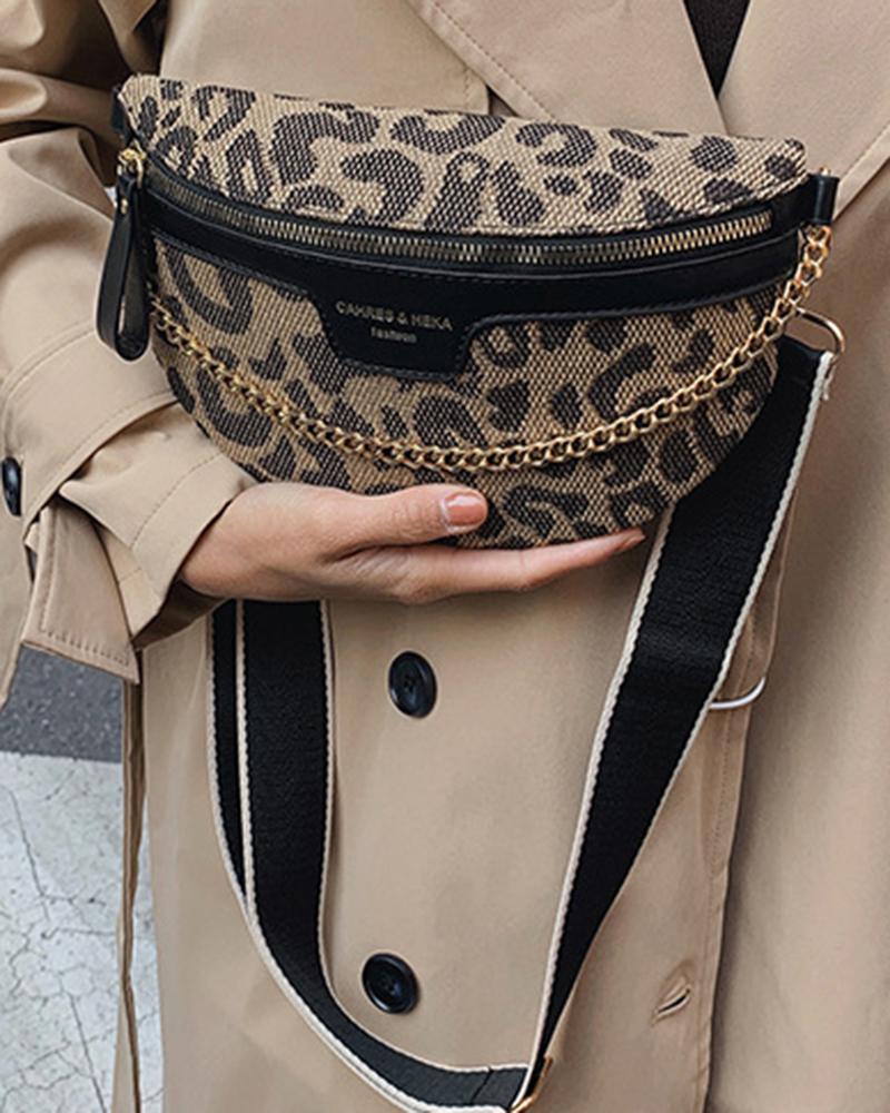 

Houndstooth Leopard Fanny Pack Chain Decor Crossbody Bag, Style1