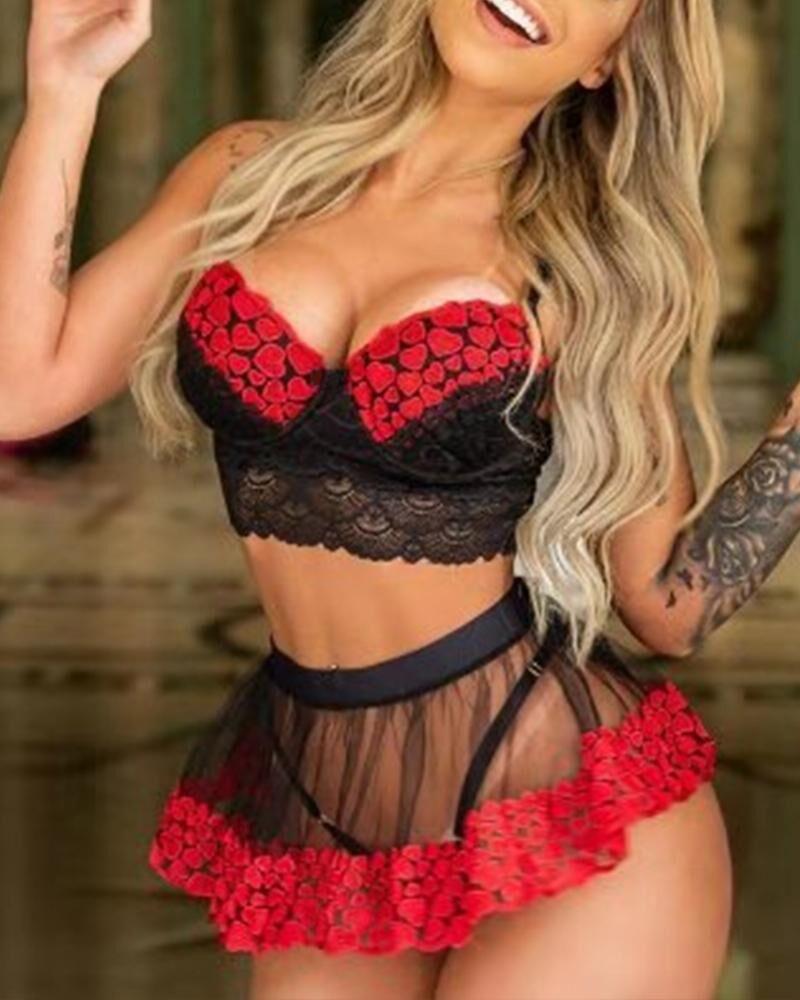 

Heart Sheer Mesh Lace Lingerie Set, Red