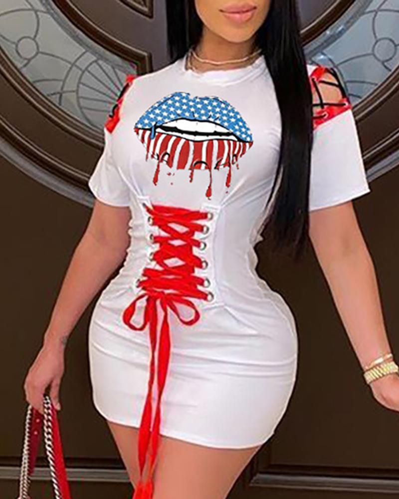 

Lip Flag Print Eyelet Lace-Up Hollow Out Dress, White